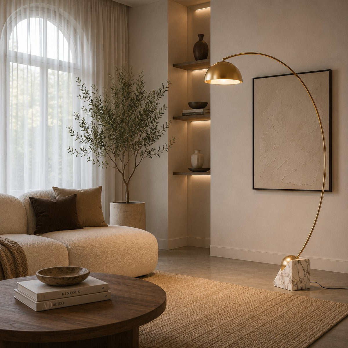 Marble Base Floor Lamp in Gold & White with LED and Adjustable Height