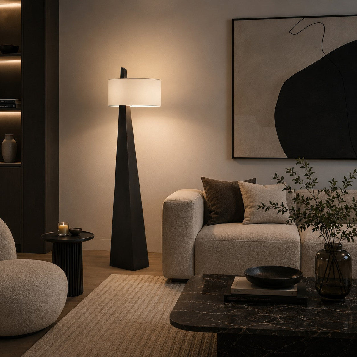 Tapered Pyramid Iron Floor Lamp with Linen Drum Shade Asymmetrical G9 162 cm