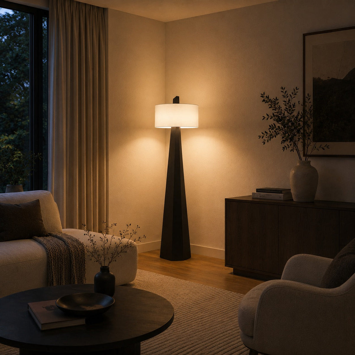 Tapered Pyramid Iron Floor Lamp with Linen Drum Shade Asymmetrical G9 162 cm