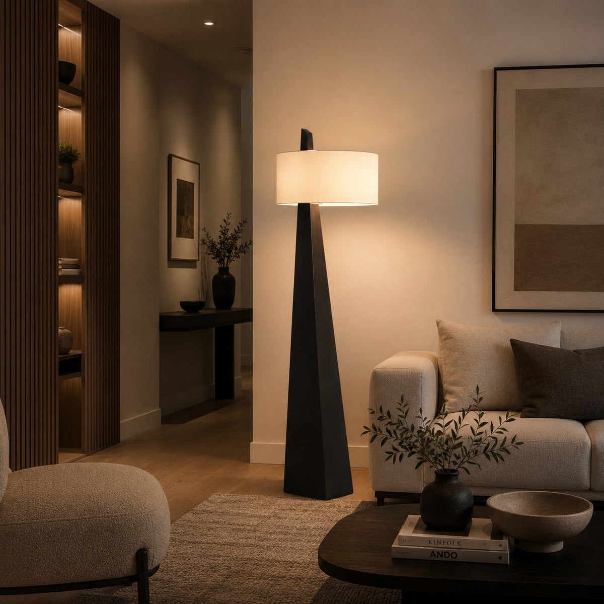 Tapered Pyramid Iron Floor Lamp with Linen Drum Shade Asymmetrical G9 162 cm