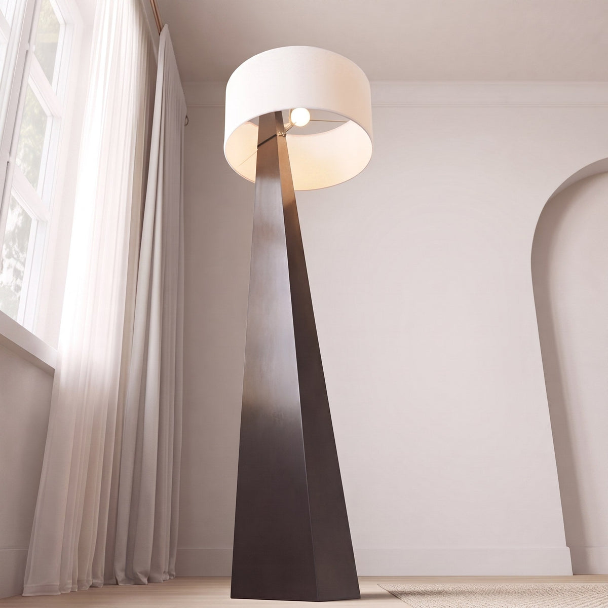 Tapered Pyramid Iron Floor Lamp with Linen Drum Shade Asymmetrical G9 162 cm