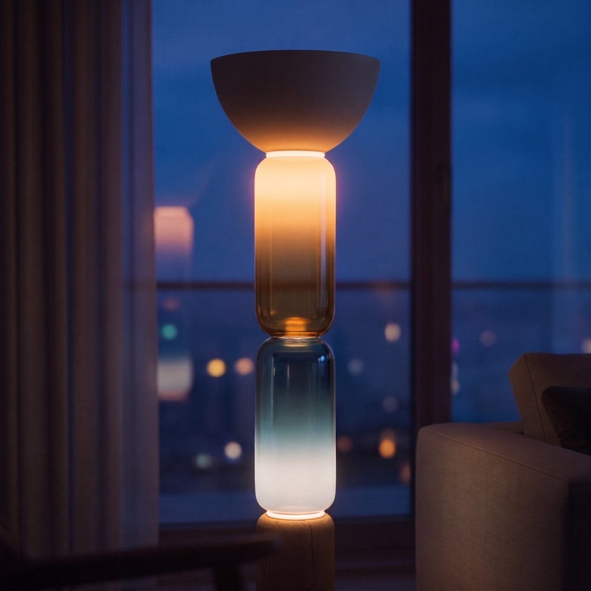 Wood Grain Wrought Iron Floor Lamp with Glass Shade & Warm Integrated LED