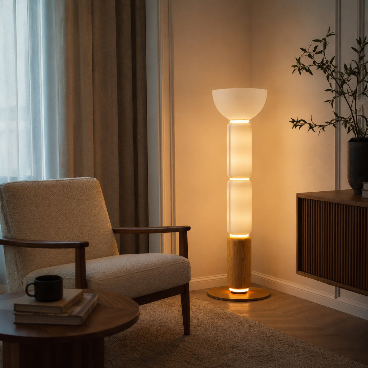 Wood Grain Wrought Iron Floor Lamp with Glass Shade & Warm Integrated LED