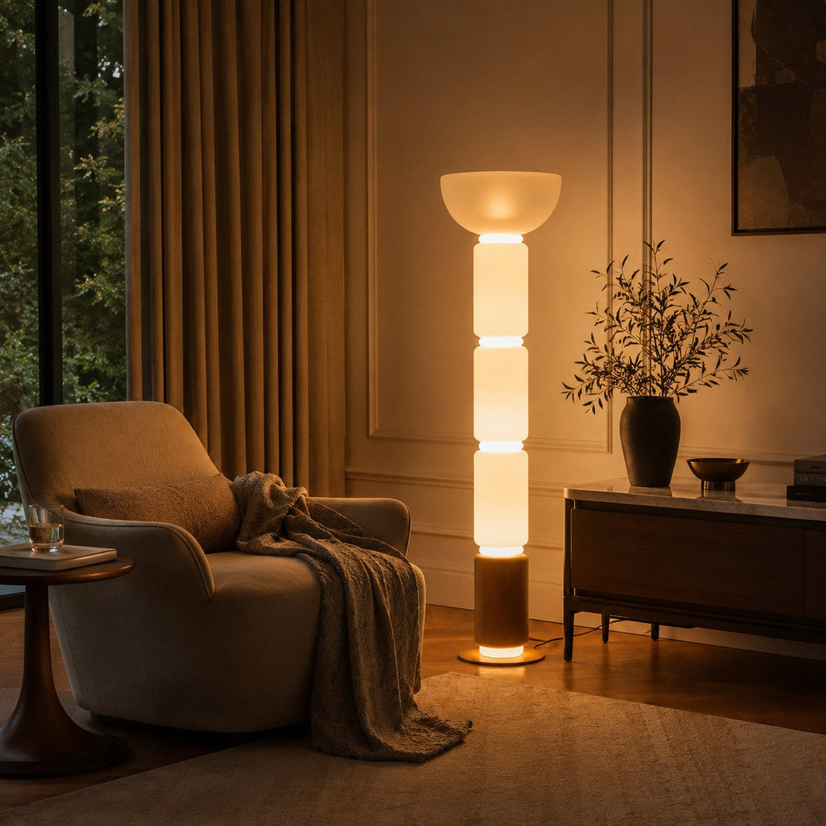 Wood Grain Wrought Iron Floor Lamp with Glass Shade & Warm Integrated LED