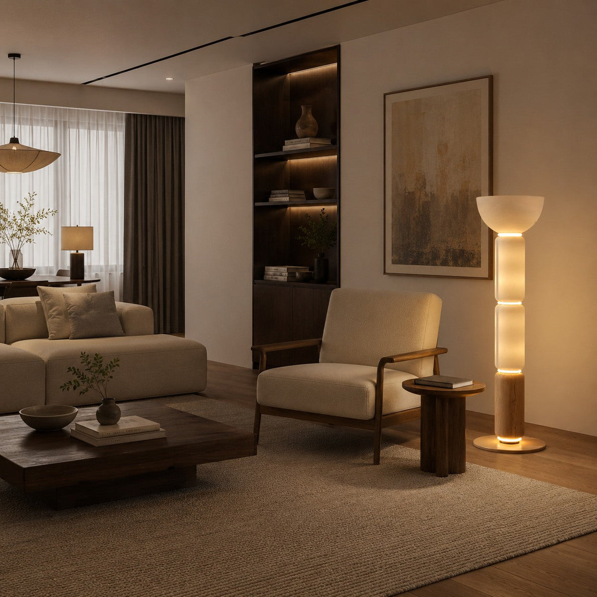 Wood Grain Wrought Iron Floor Lamp with Glass Shade & Warm Integrated LED