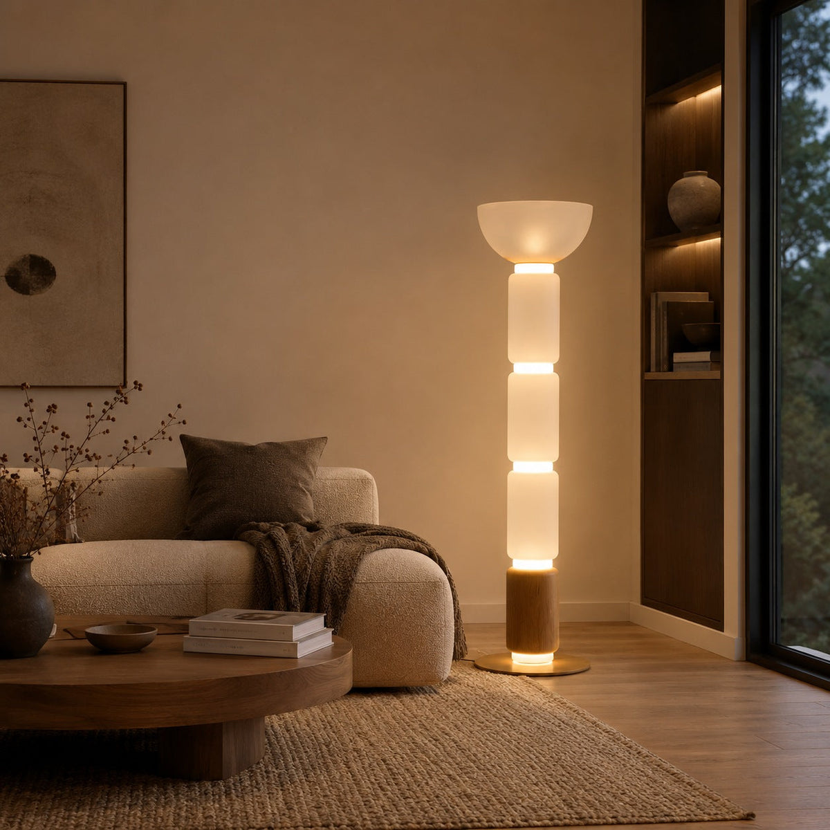 Wood Grain Wrought Iron Floor Lamp with Glass Shade & Warm Integrated LED