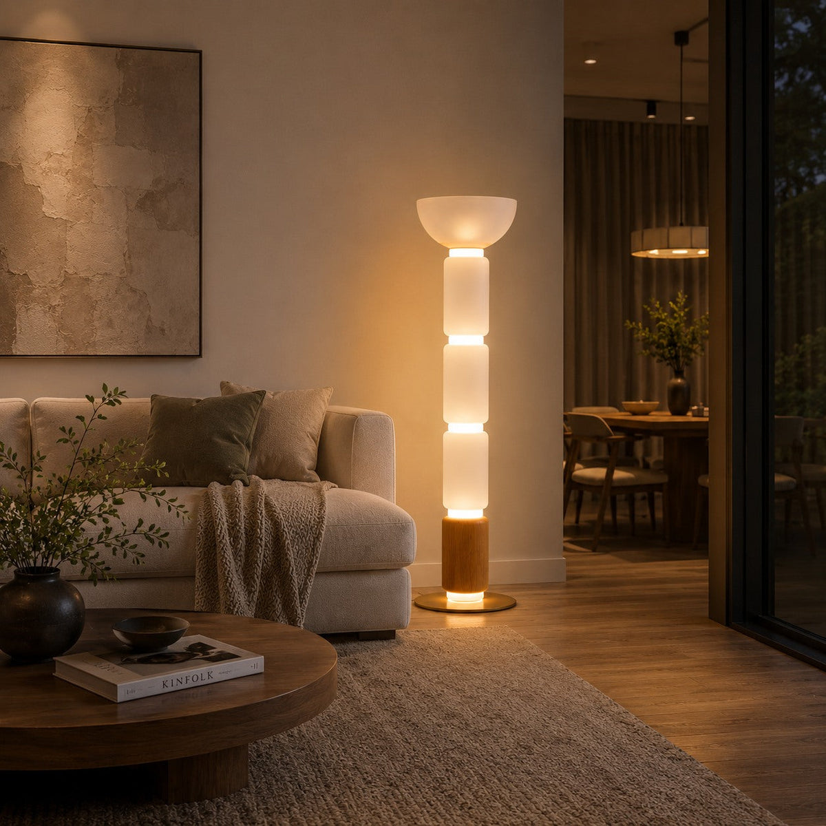 Wood Grain Wrought Iron Floor Lamp with Glass Shade & Warm Integrated LED