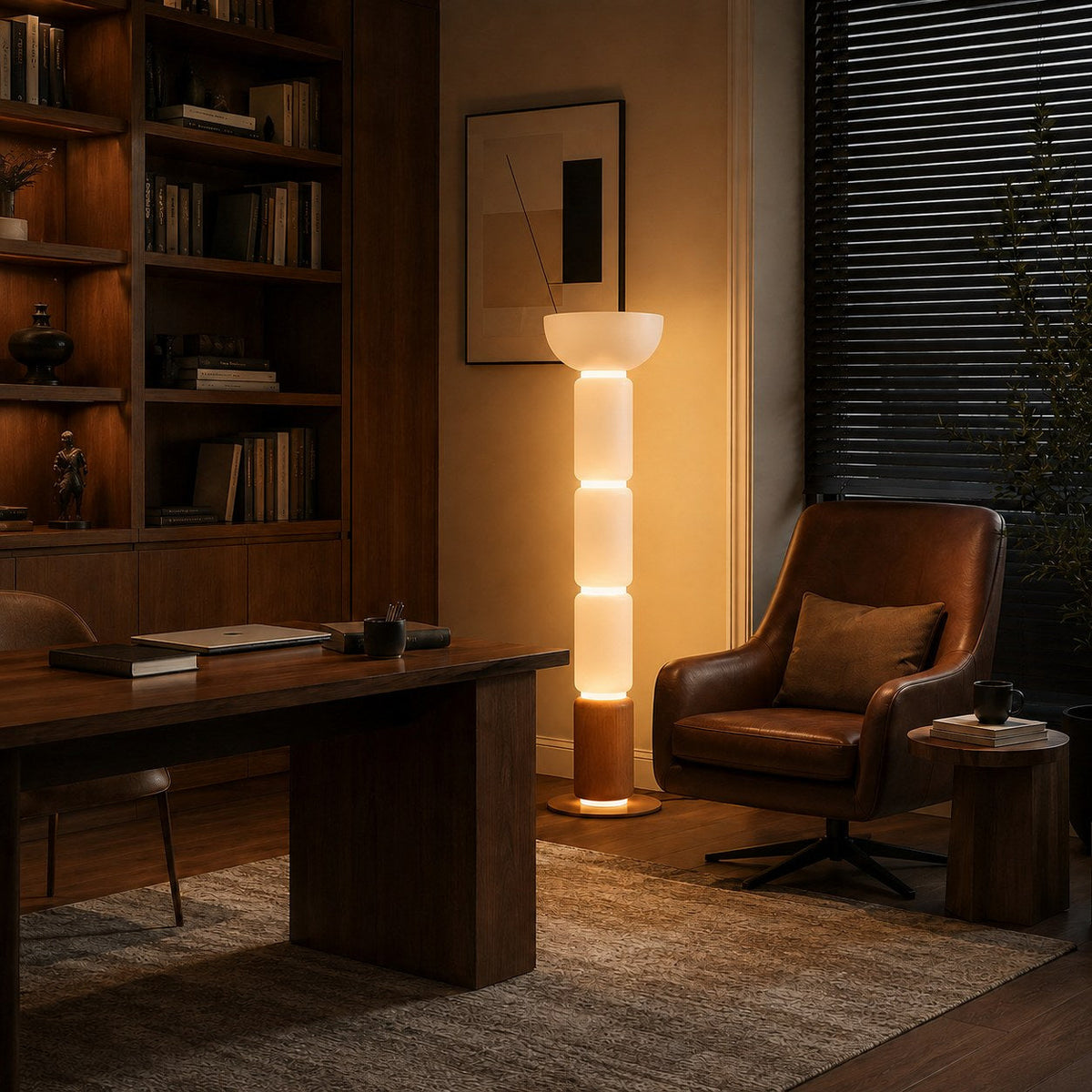Wood Grain Wrought Iron Floor Lamp with Glass Shade & Warm Integrated LED