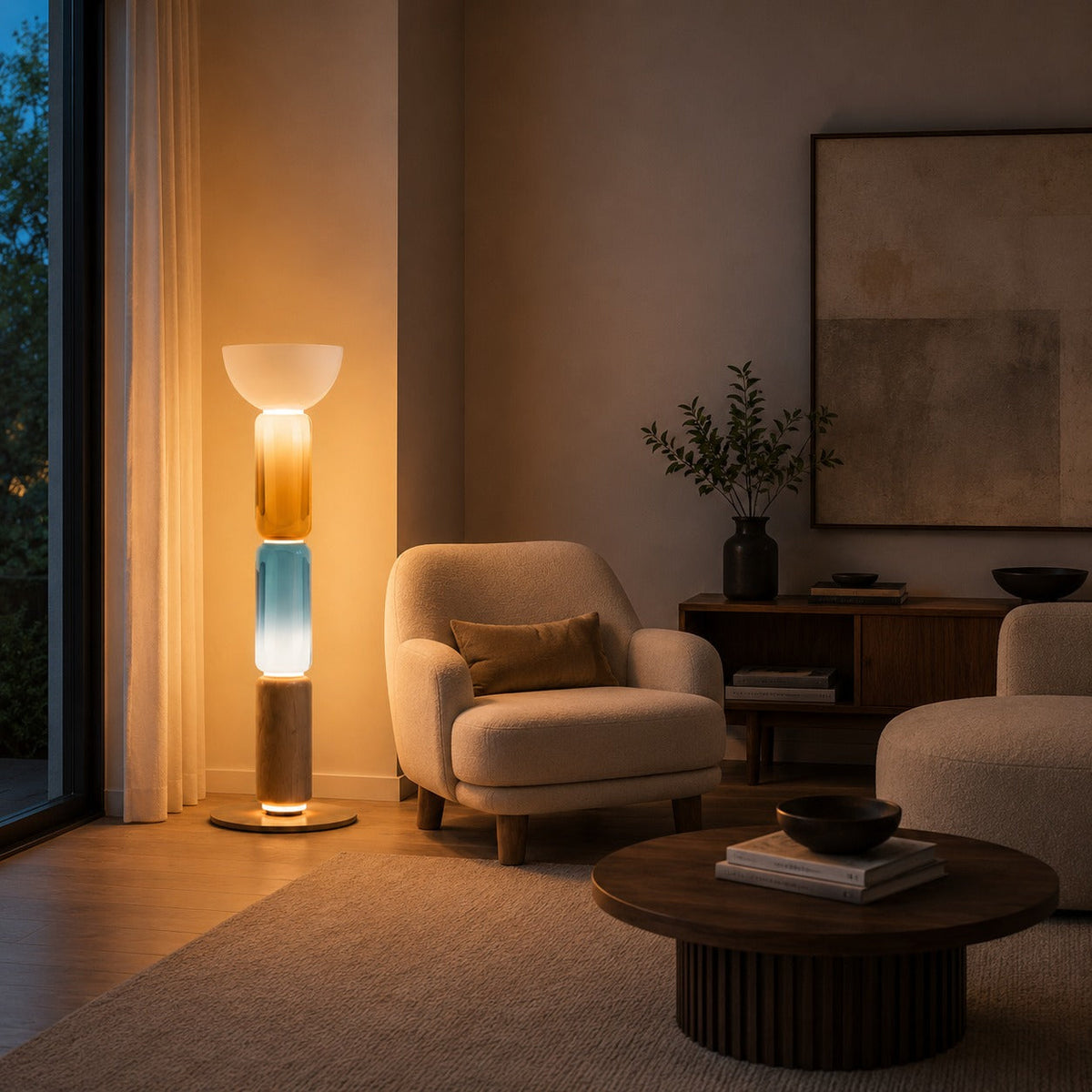 Wood Grain Wrought Iron Floor Lamp with Glass Shade & Warm Integrated LED