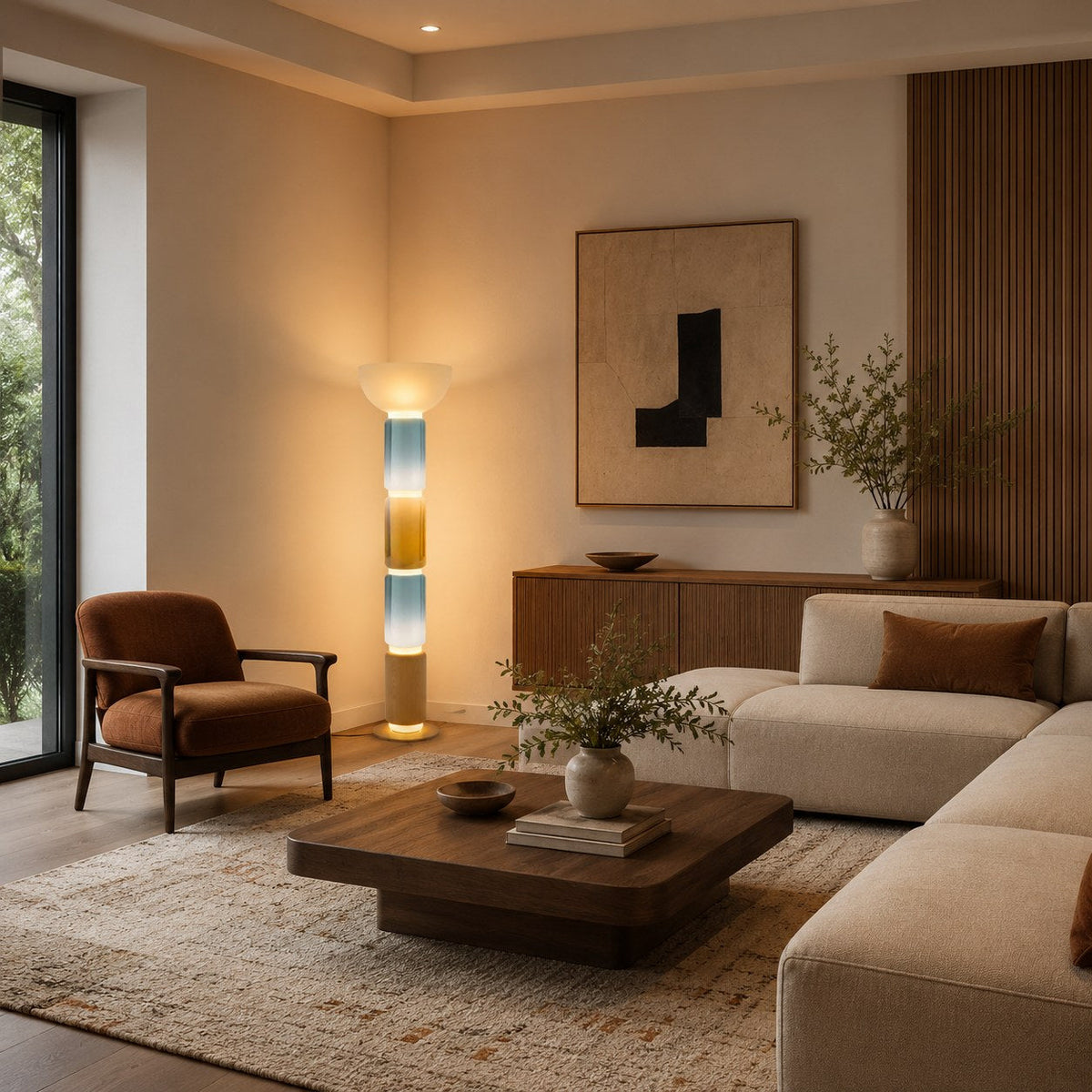 Wood Grain Wrought Iron Floor Lamp with Glass Shade & Warm Integrated LED