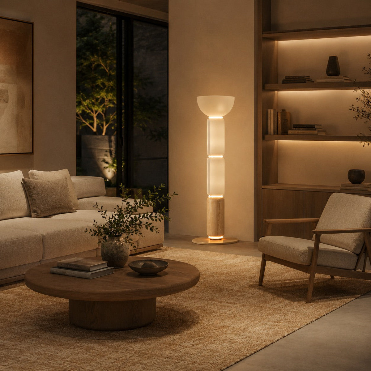 Wood Grain Wrought Iron Floor Lamp with Glass Shade & Warm Integrated LED
