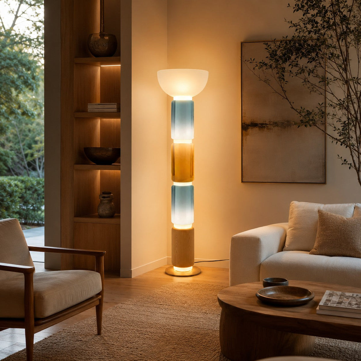 Wood Grain Wrought Iron Floor Lamp with Glass Shade & Warm Integrated LED