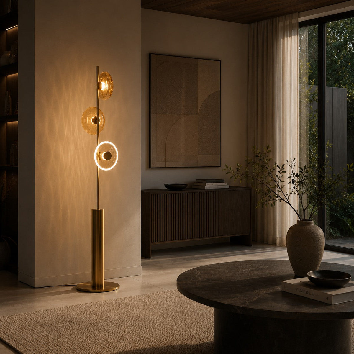 Crackle Glass Floor Lamp with Bronze Body & Tri-Colour LED for Living Room