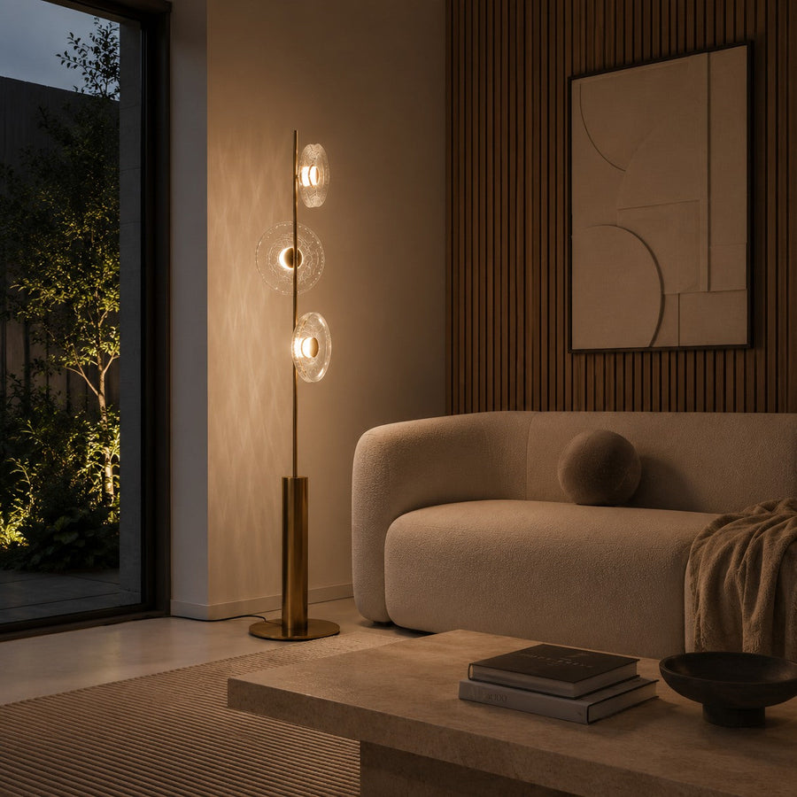 Crackle Glass Floor Lamp with Bronze Body & Tri-Colour LED for Living Room