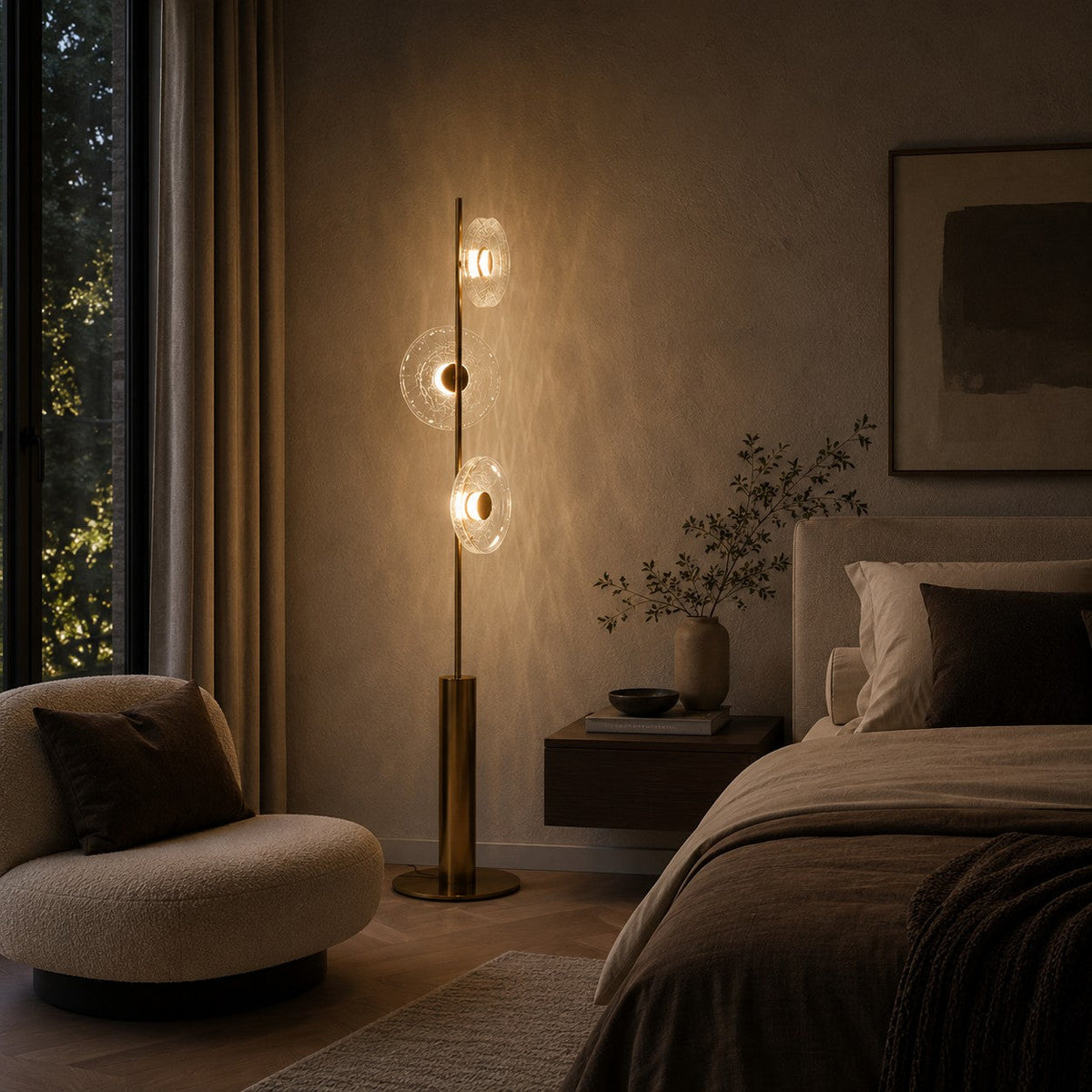 Crackle Glass Floor Lamp with Bronze Body & Tri-Colour LED for Living Room