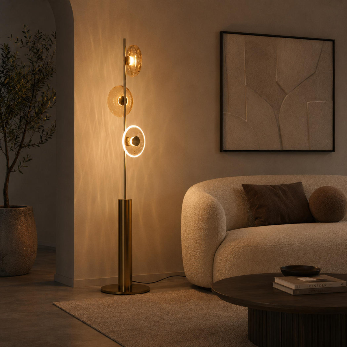Crackle Glass Floor Lamp with Bronze Body & Tri-Colour LED for Living Room