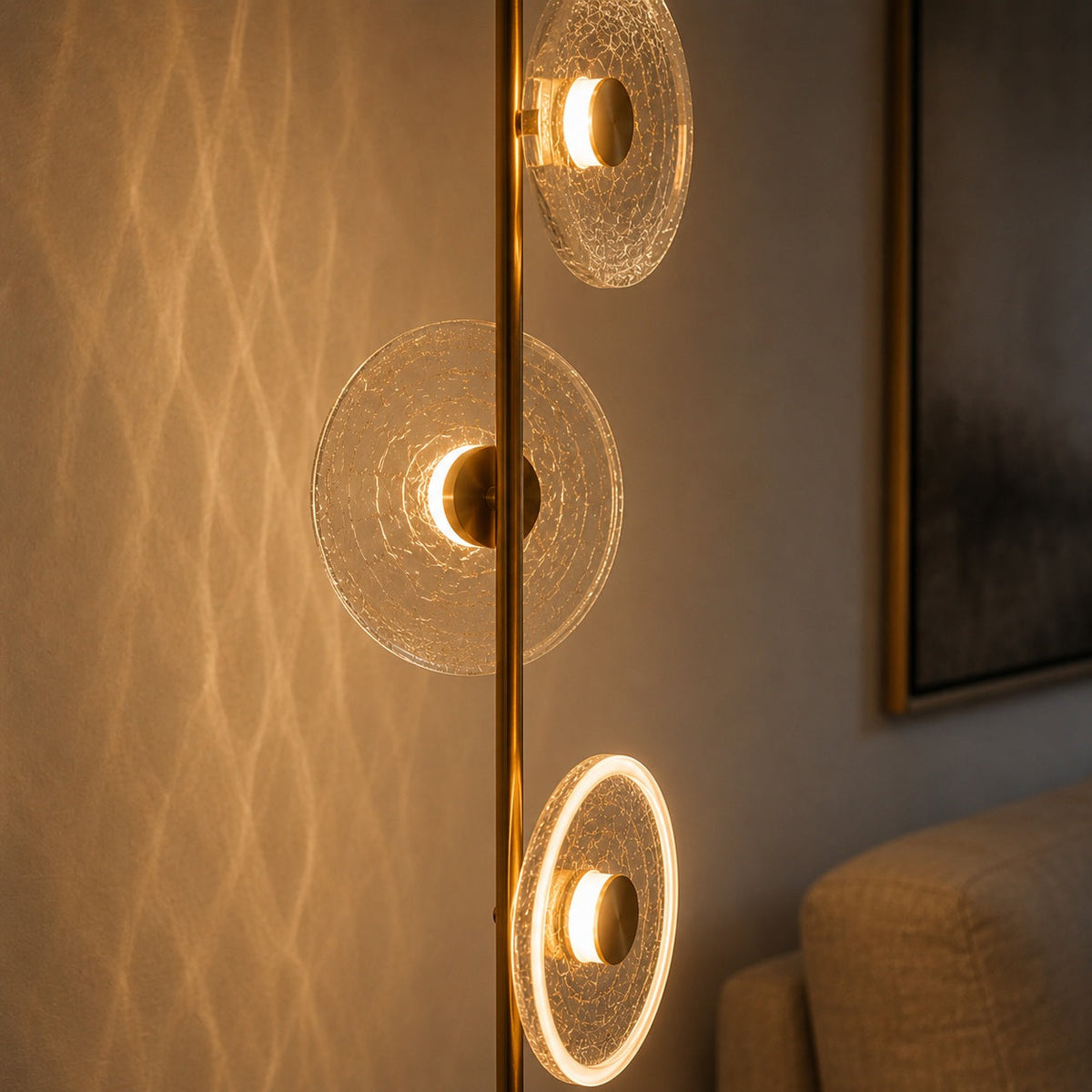 Crackle Glass Floor Lamp with Bronze Body & Tri-Colour LED for Living Room
