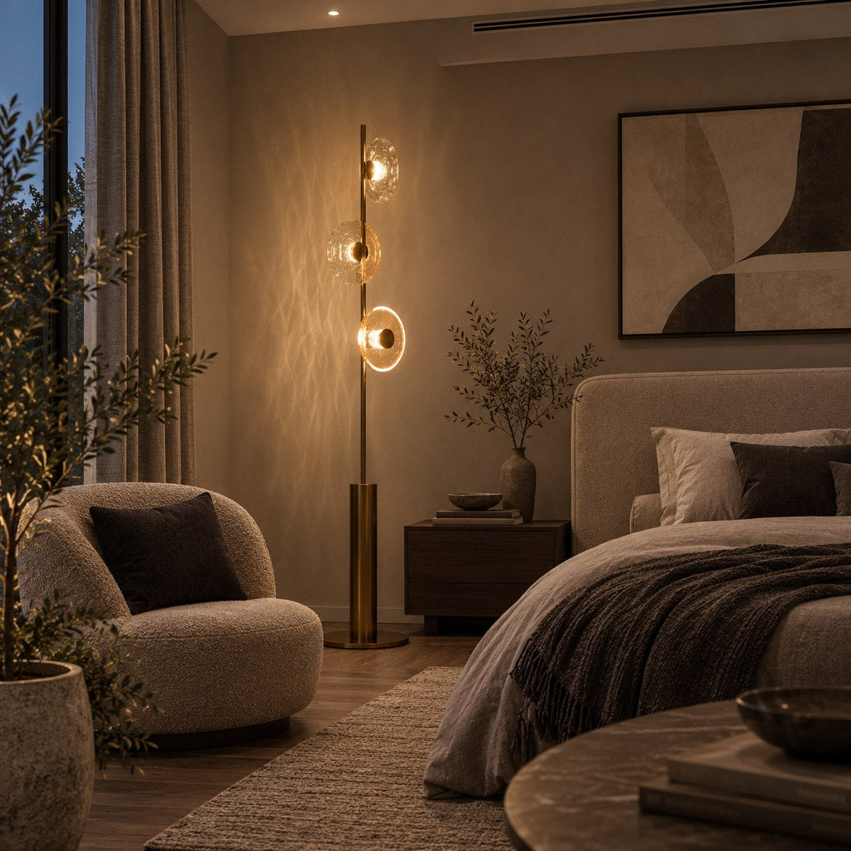 Crackle Glass Floor Lamp with Bronze Body & Tri-Colour LED for Living Room