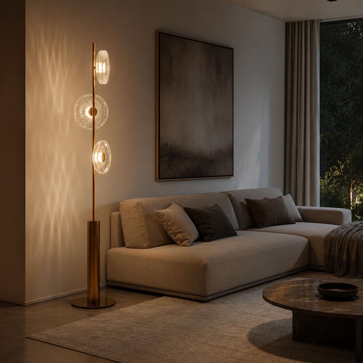 Crackle Glass Floor Lamp with Bronze Body & Tri-Colour LED for Living Room