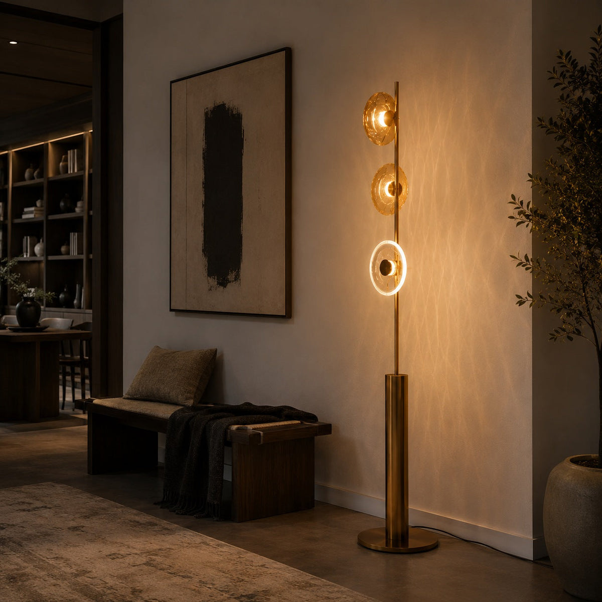 Crackle Glass Floor Lamp with Bronze Body & Tri-Colour LED for Living Room