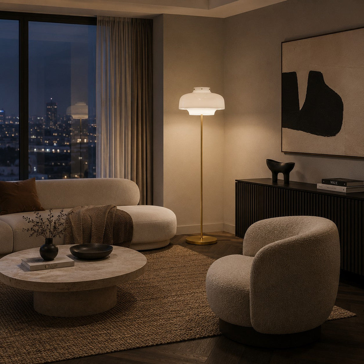Opaline Glass Floor Lamp with Gold Metal Stem & Warm Built-In LED