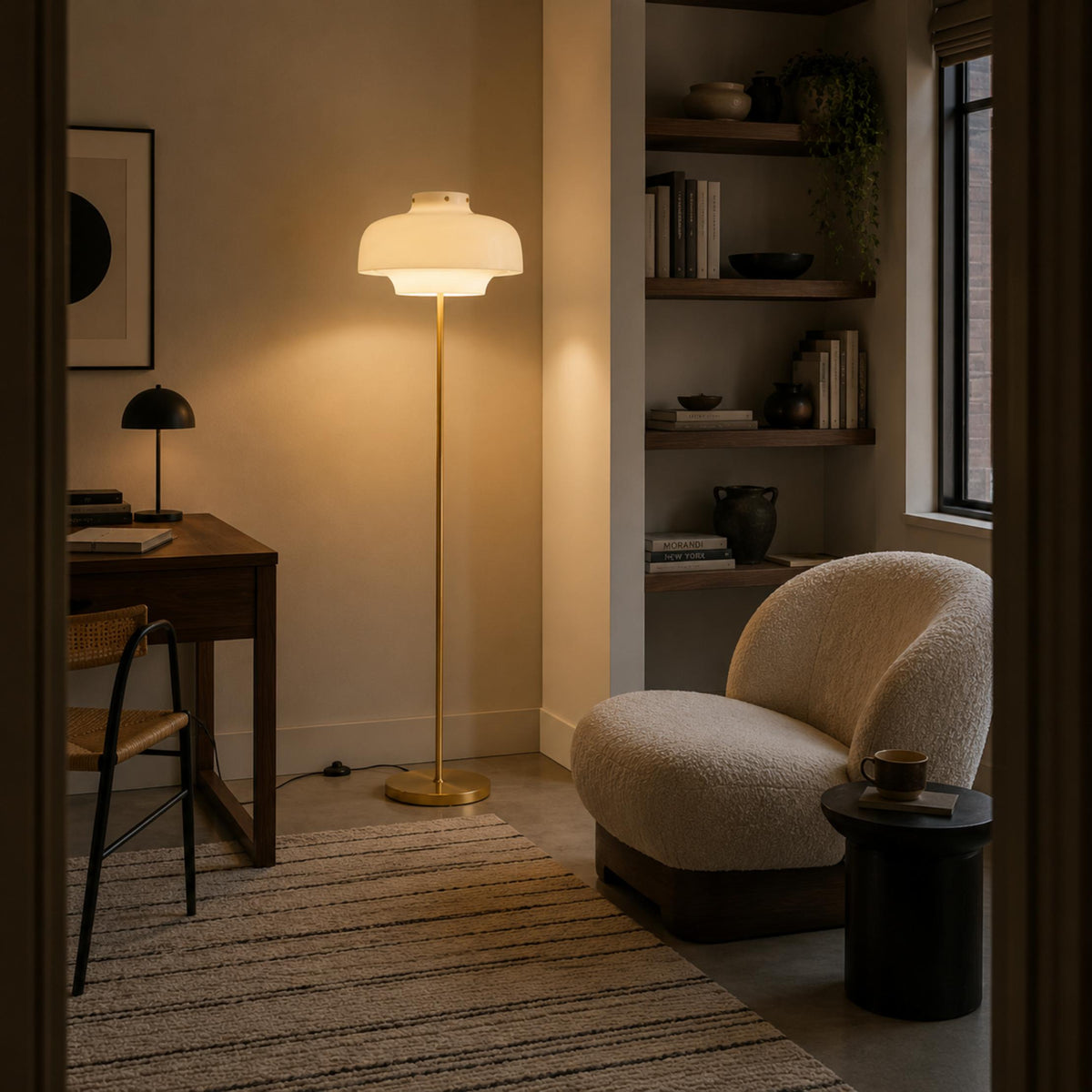Opaline Glass Floor Lamp with Gold Metal Stem & Warm Built-In LED