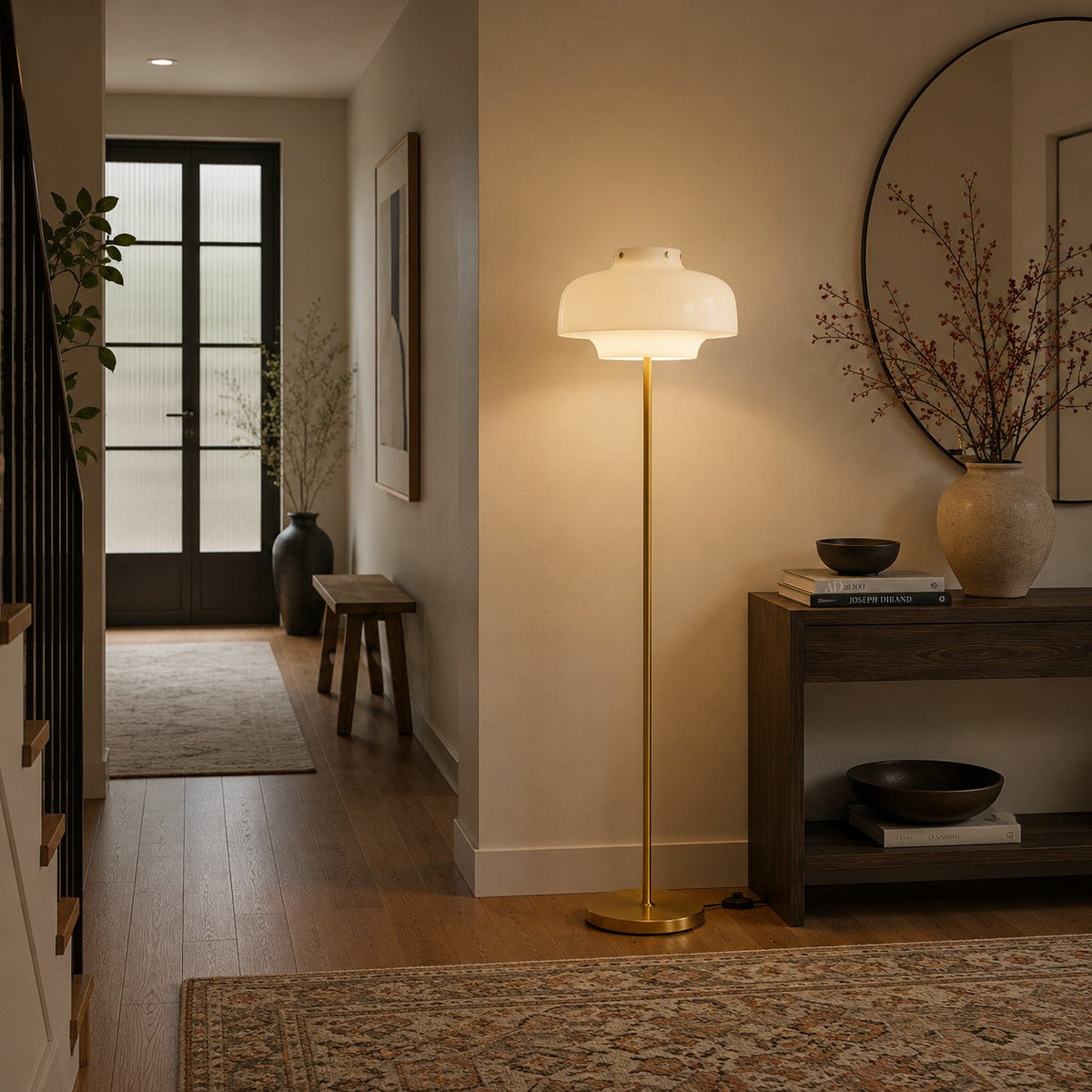Opaline Glass Floor Lamp with Gold Metal Stem & Warm Built-In LED