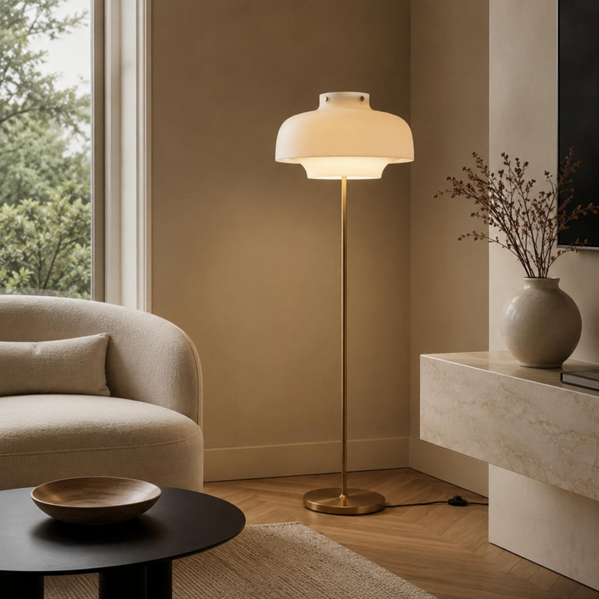 Opaline Glass Floor Lamp with Gold Metal Stem & Warm Built-In LED