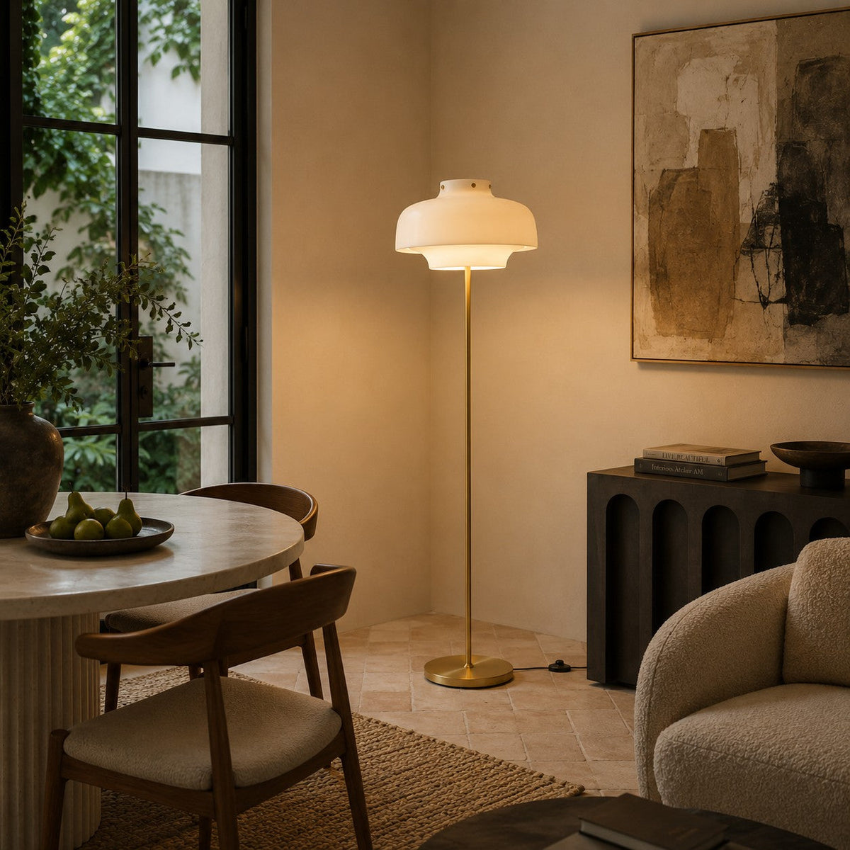 Opaline Glass Floor Lamp with Gold Metal Stem & Warm Built-In LED
