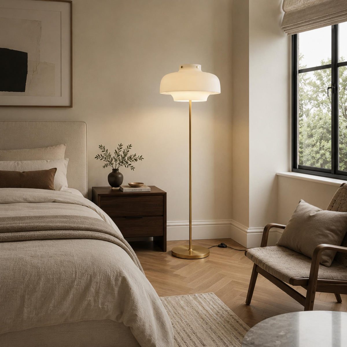 Opaline Glass Floor Lamp with Gold Metal Stem & Warm Built-In LED