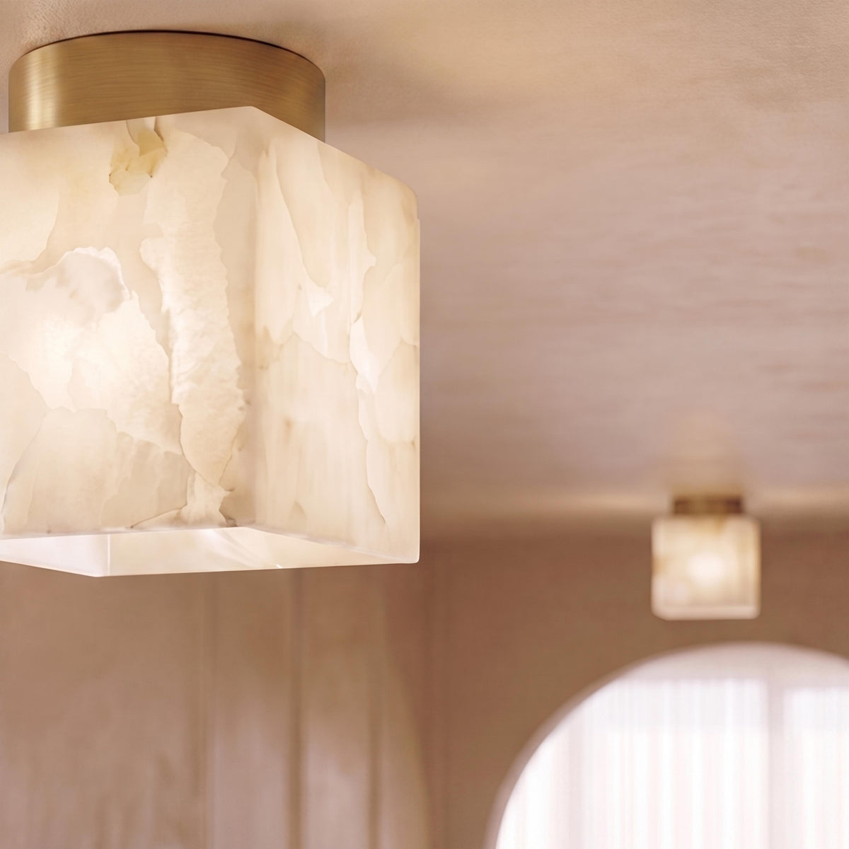 Alabaster Marble Cube or Globe Flush Mount Ceiling Light with Copper Base