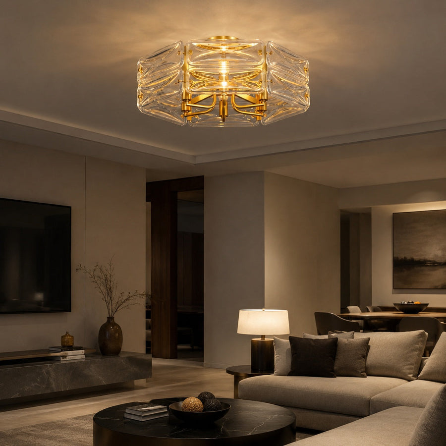 Geometric Glass & Gold Copper LED Flush Mount Ceiling Light 6 to 10 Head