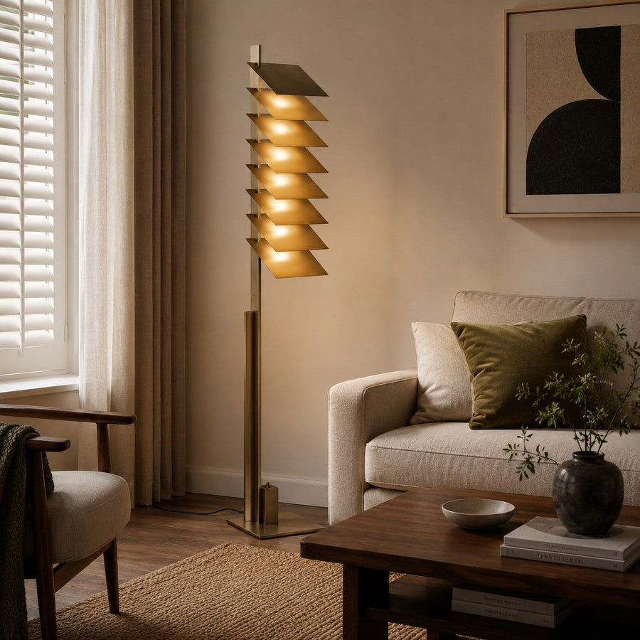 Louvred Aluminium Shade Industrial Floor Lamp in Bronze with Warm LED