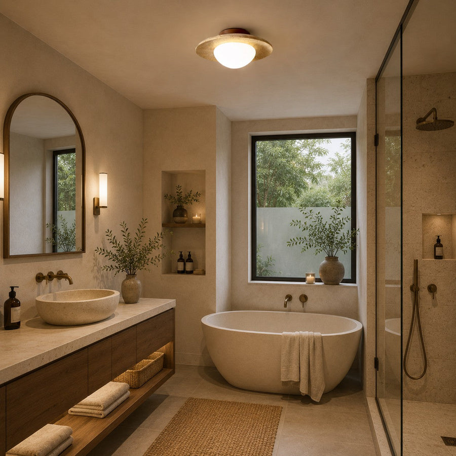 Travertine Marble Flush Mount Ceiling Light with Soft Glass Shade G9 LED 25 cm