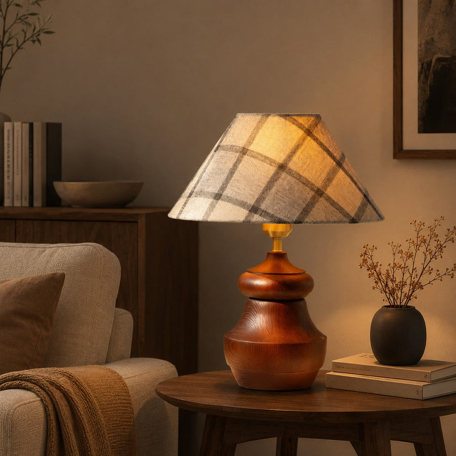 Walnut Wood Table Lamp with Plaid Fabric or Woven Straw Shade E27