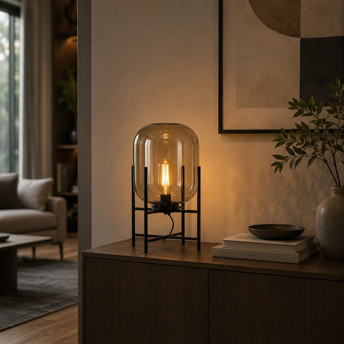 Hand-Blown Glass Table Lamp in Amber Grey Clear or Blue with Black Metal Base