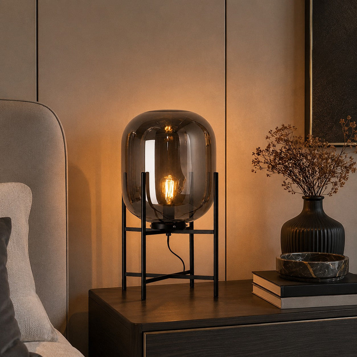 Hand-Blown Glass Table Lamp in Amber Grey Clear or Blue with Black Metal Base