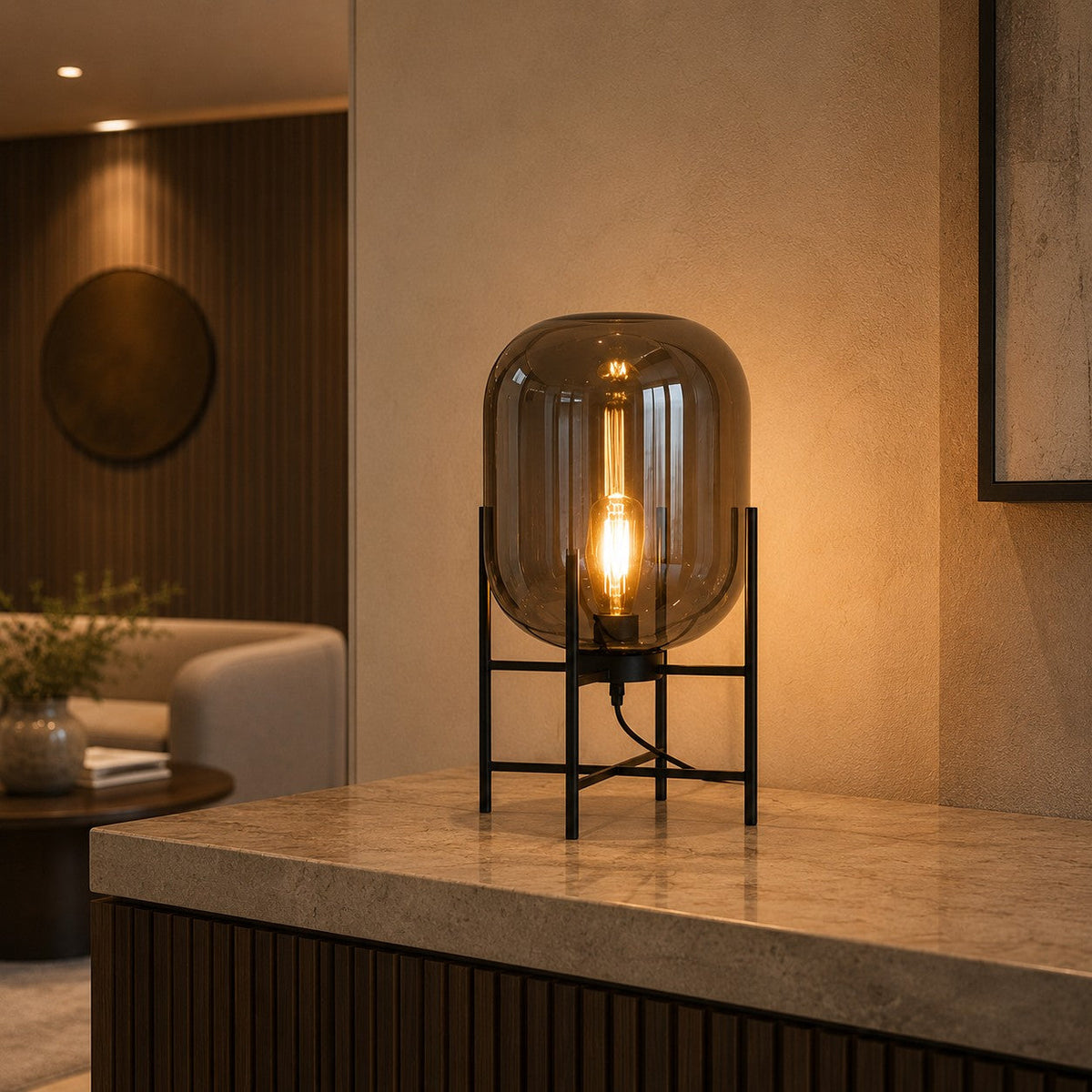 Hand-Blown Glass Table Lamp in Amber Grey Clear or Blue with Black Metal Base
