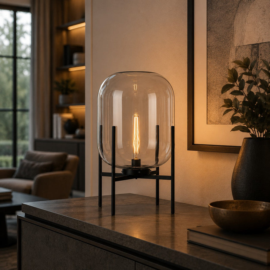 Hand-Blown Glass Table Lamp in Amber Grey Clear or Blue with Black Metal Base