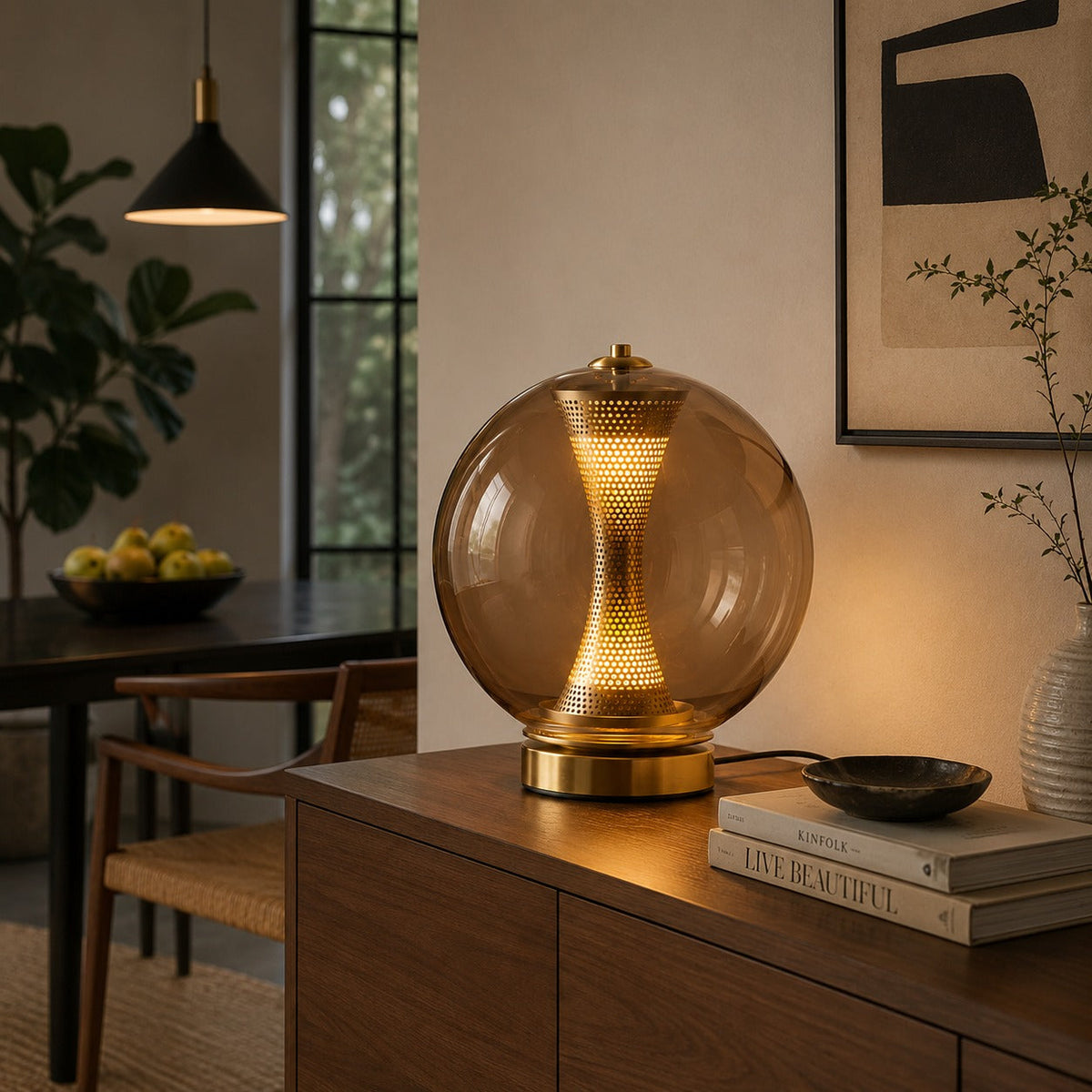 Hourglass Glass Table Lamp in Gold with Clear Cognac or Smoky Grey Globe LED