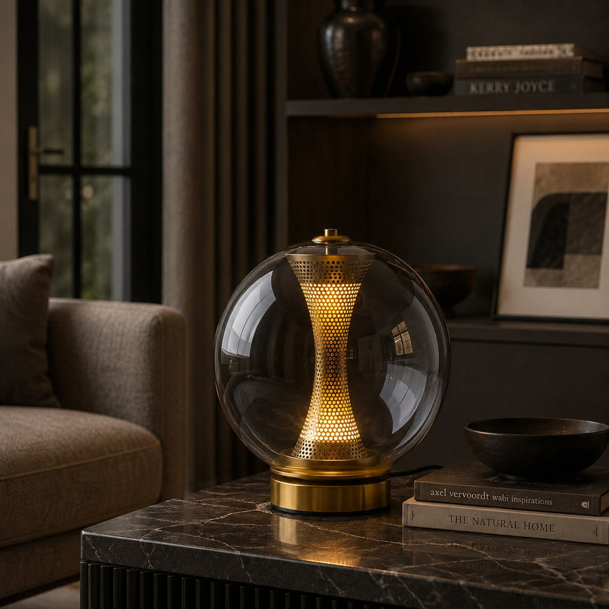 Hourglass Glass Table Lamp in Gold with Clear Cognac or Smoky Grey Globe LED