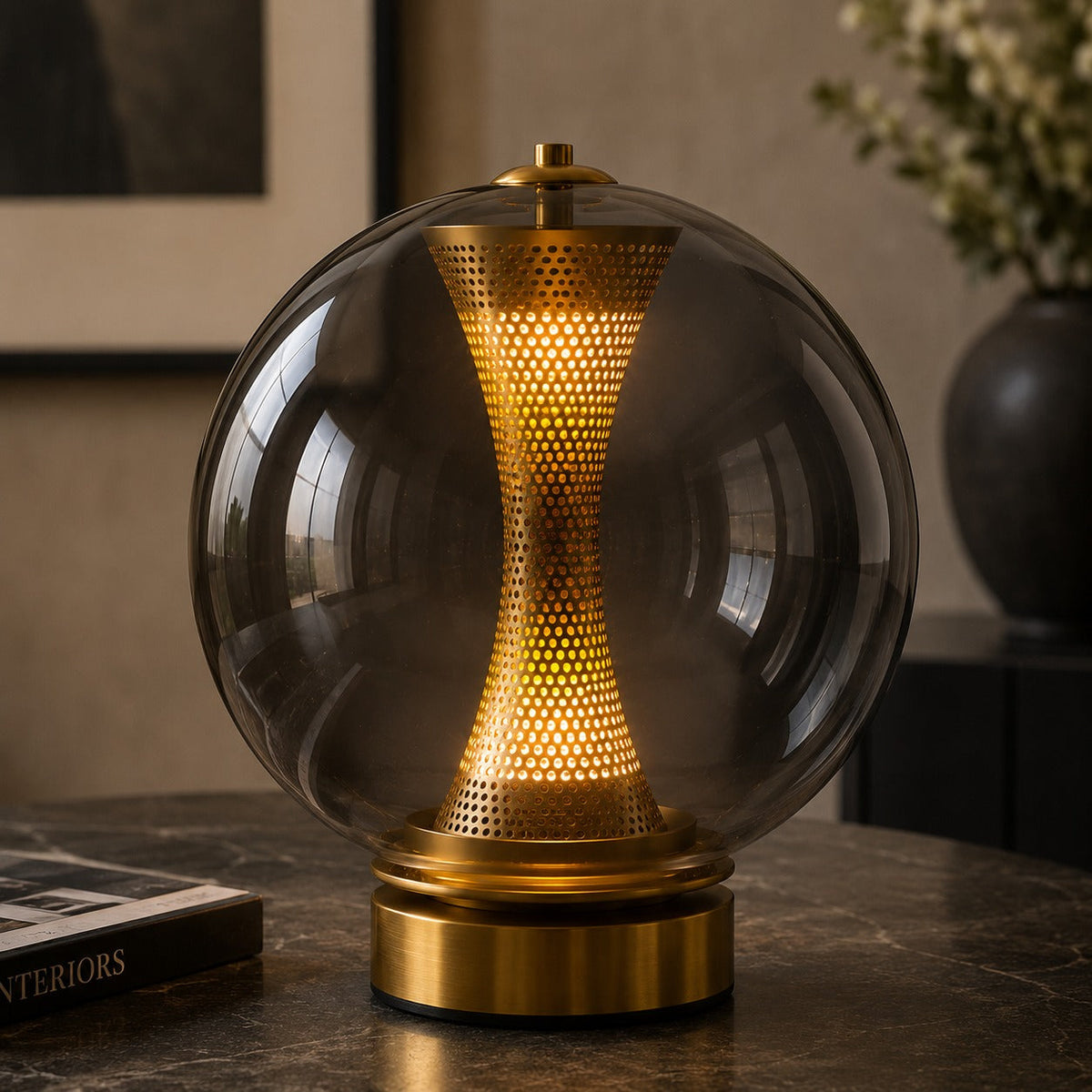 Hourglass Glass Table Lamp in Gold with Clear Cognac or Smoky Grey Globe LED