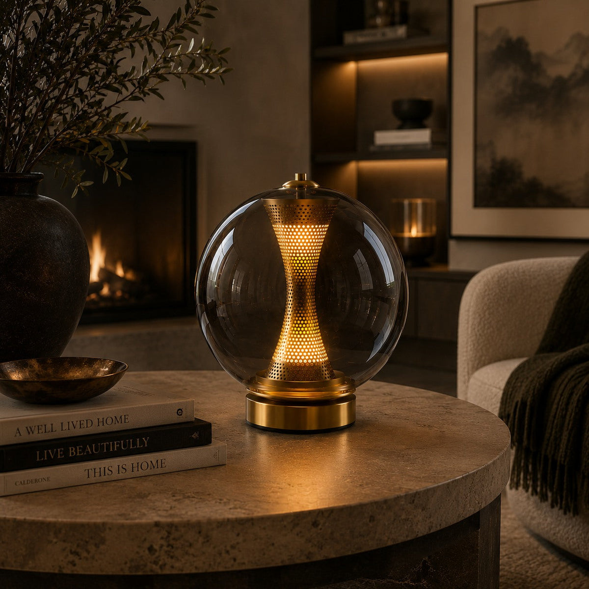 Hourglass Glass Table Lamp in Gold with Clear Cognac or Smoky Grey Globe LED