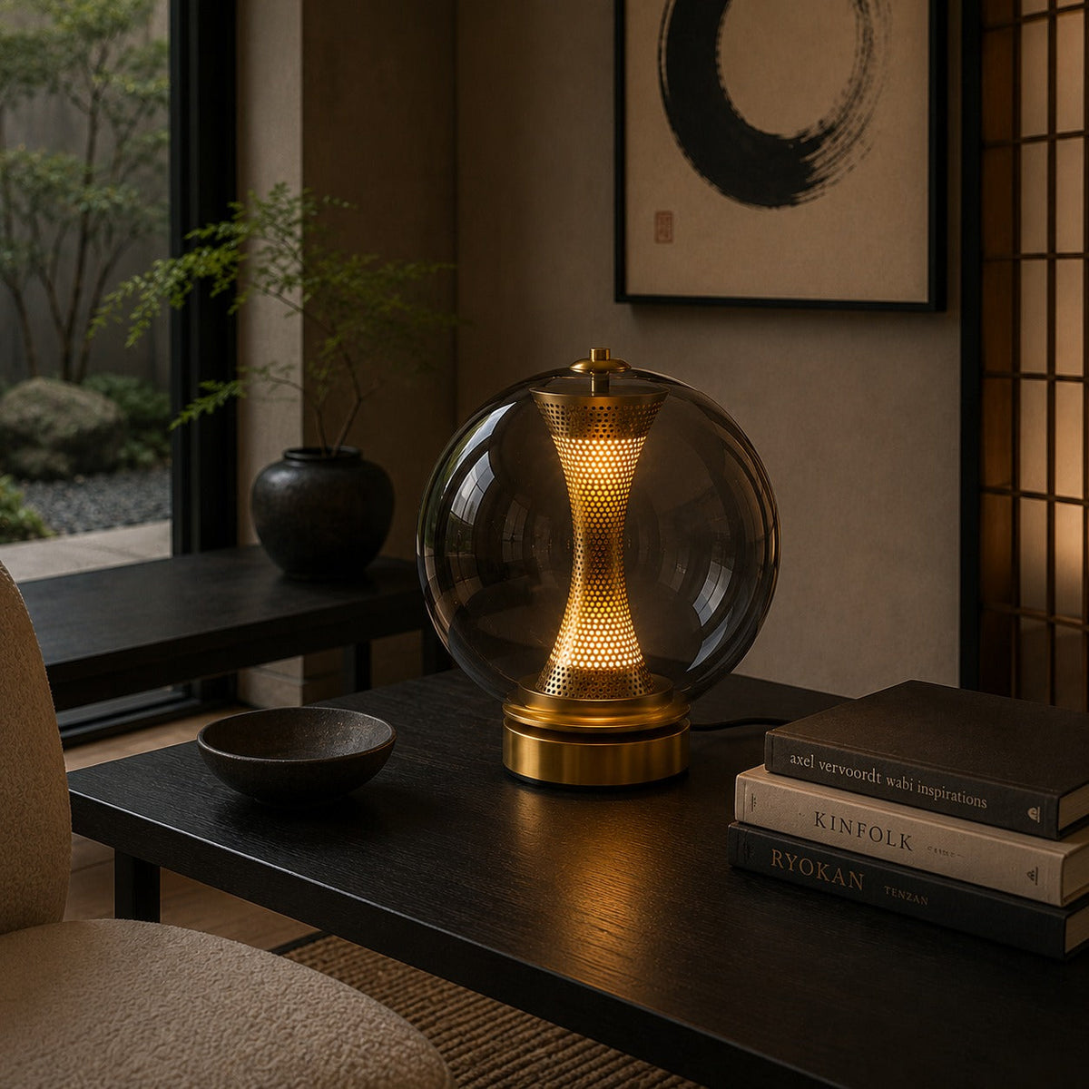 Hourglass Glass Table Lamp in Gold with Clear Cognac or Smoky Grey Globe LED
