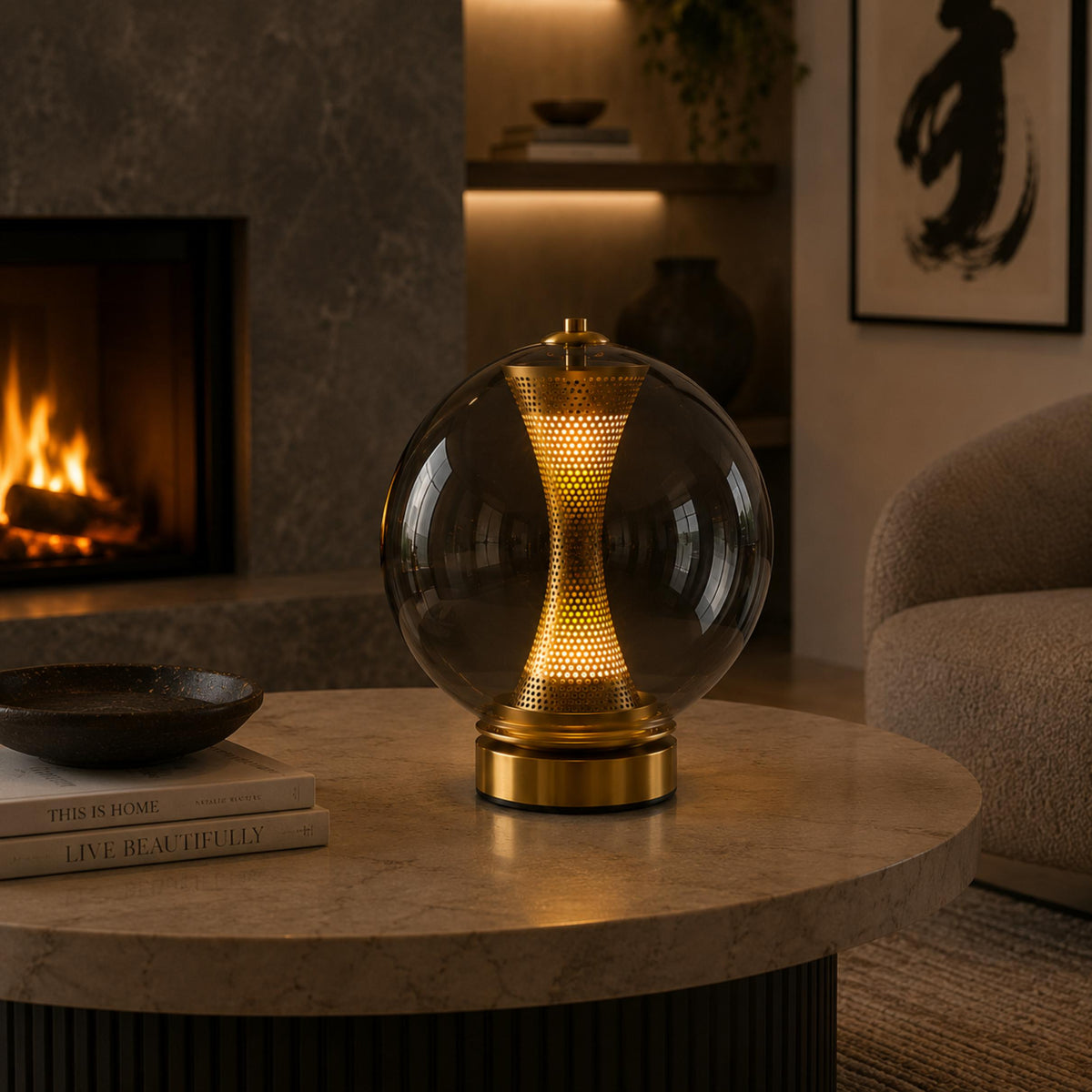 Hourglass Glass Table Lamp in Gold with Clear Cognac or Smoky Grey Globe LED