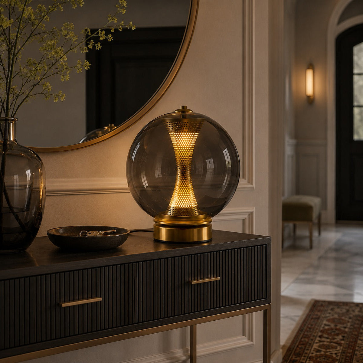 Hourglass Glass Table Lamp in Gold with Clear Cognac or Smoky Grey Globe LED