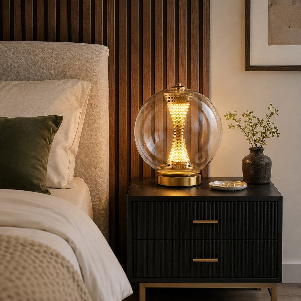 Hourglass Glass Table Lamp in Gold with Clear Cognac or Smoky Grey Globe LED