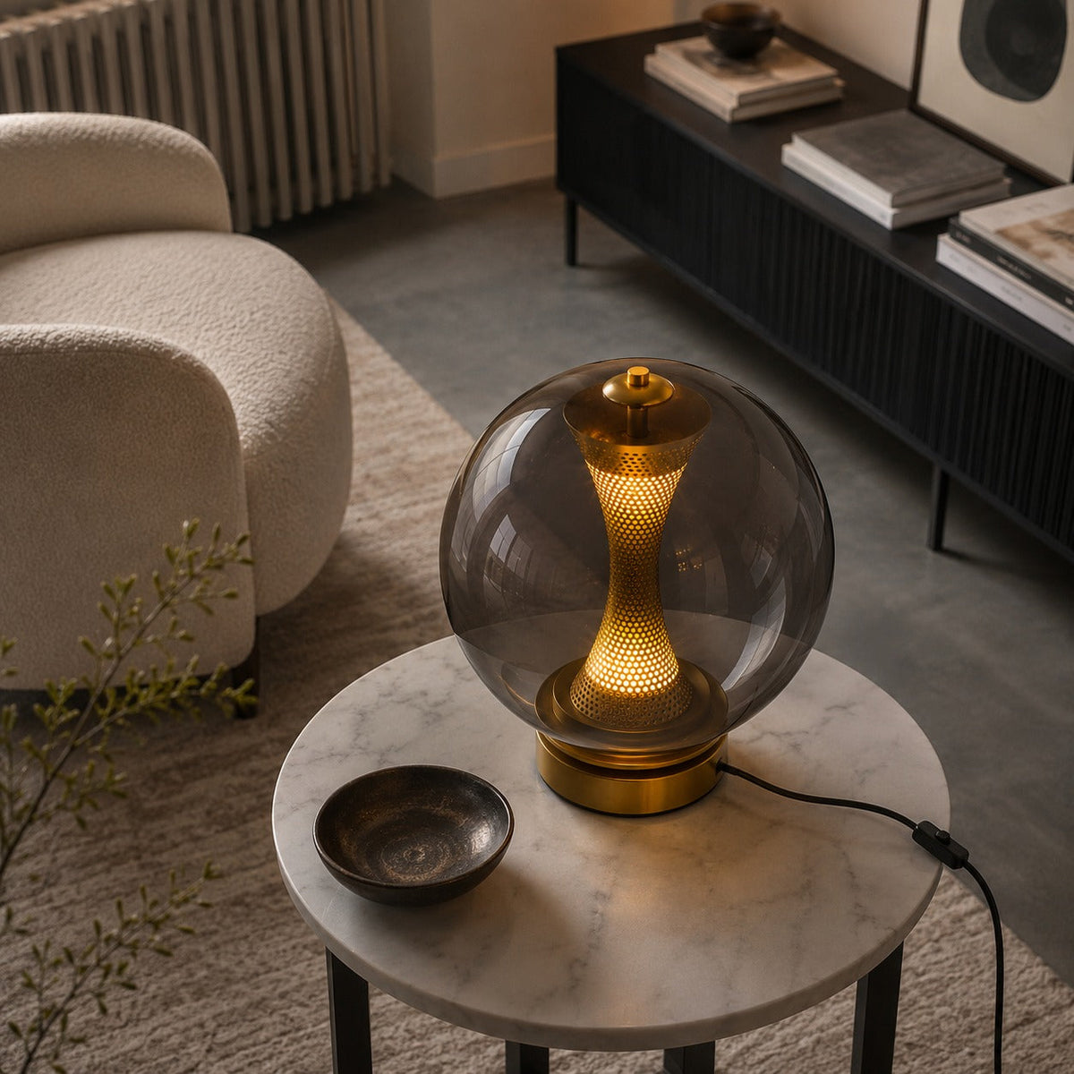 Hourglass Glass Table Lamp in Gold with Clear Cognac or Smoky Grey Globe LED