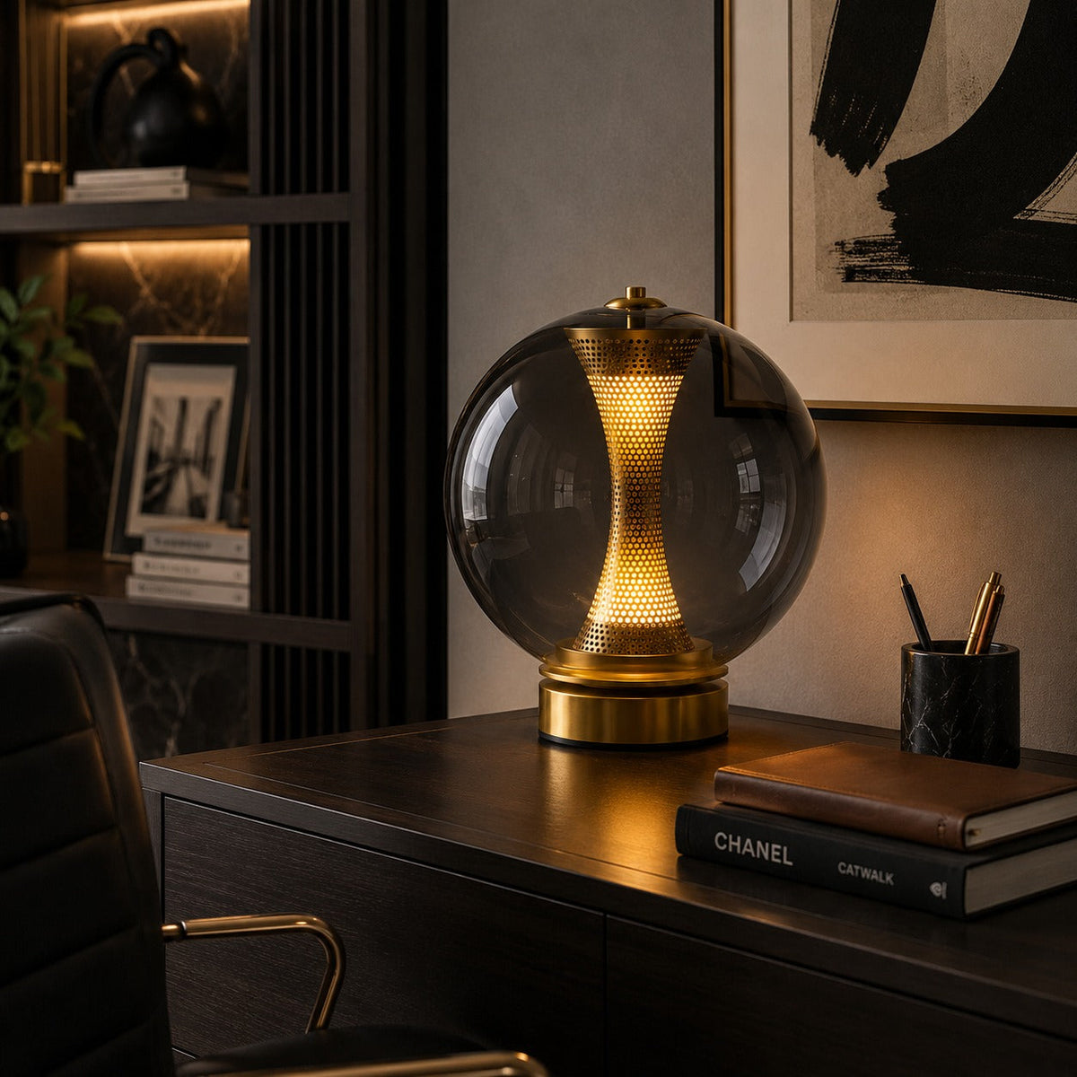 Hourglass Glass Table Lamp in Gold with Clear Cognac or Smoky Grey Globe LED