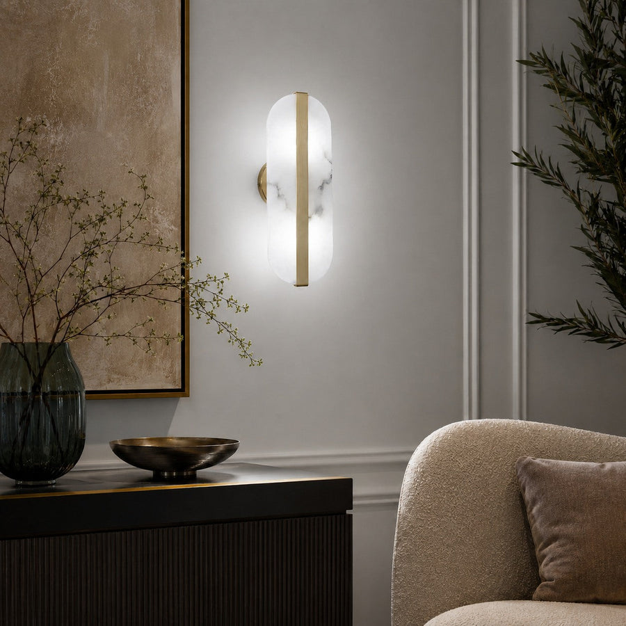 Alabaster & Brass Linear Wall Sconce LED Minimalist Bedroom & Stair Light